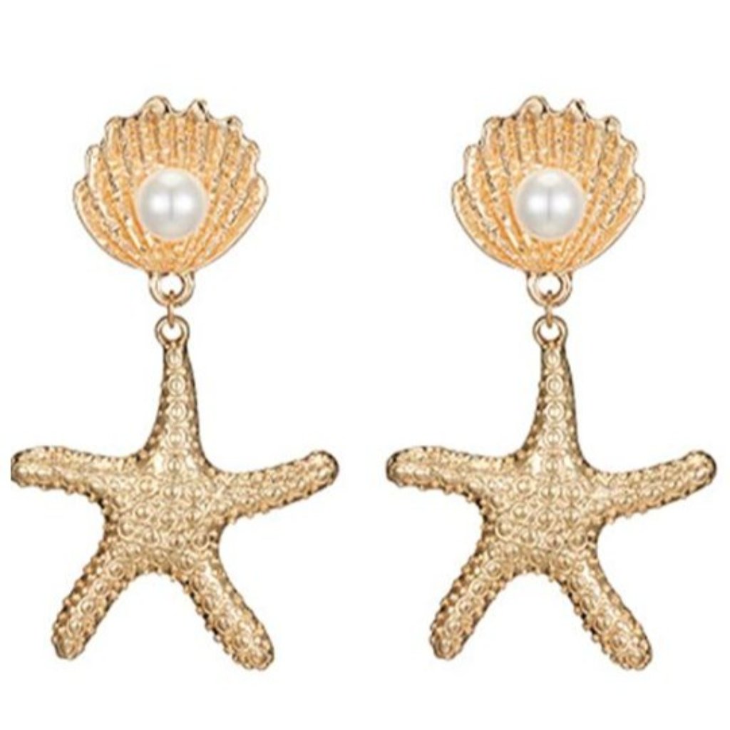 Gold Tone Pearl Shell, Bohemian Style Starfish Dangle Drop Earrings